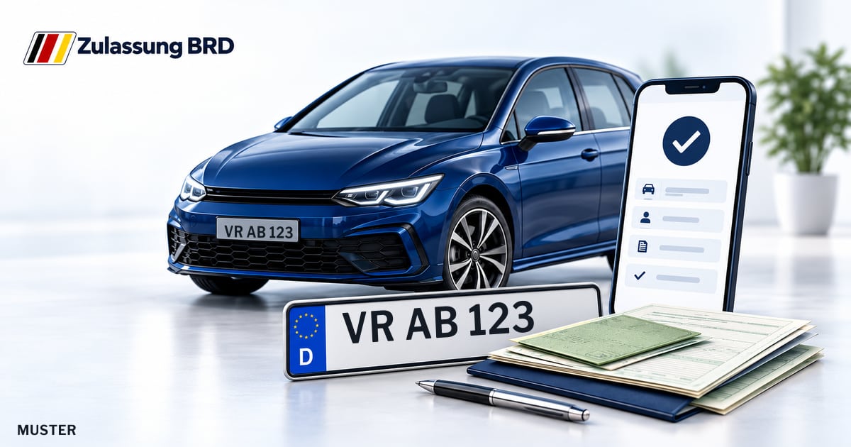 Online Fahrzeugzulassung in Ribnitz-Damgarten: Musterkennzeichen VR AB 123, Auto und Fahrzeugpapiere und Smartphone. Illustration mit Logo von Zulassung BRD.